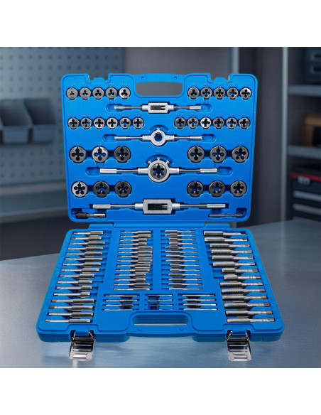 Kit professionnel 110 pièces : tarauds et filières métriques dans une mallette