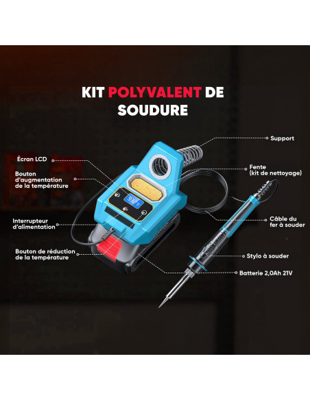 Fer à souder rechargeable 20V sans fil, 500°C, écran.