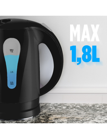 Bouilloire électrique sans fil 1,8L 2200W, base pivotante et arrêt automatique.