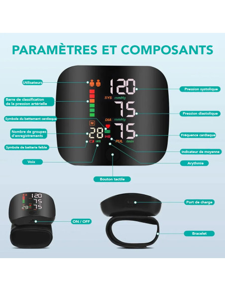 Tensiomètre poignet électronique, mesure auto pression et pouls