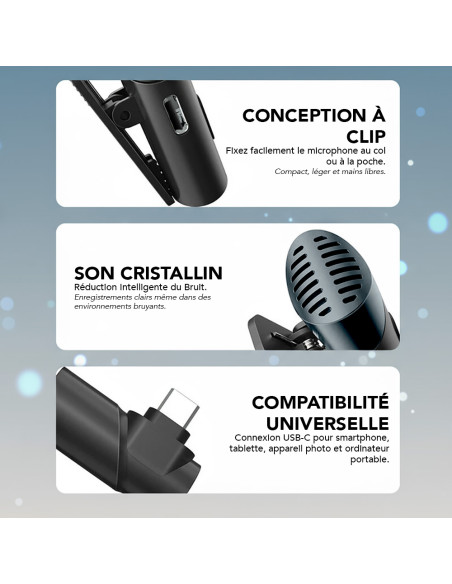 Microphone sans fil Type-C – Autonomie 6 heures, portée 10-15 m