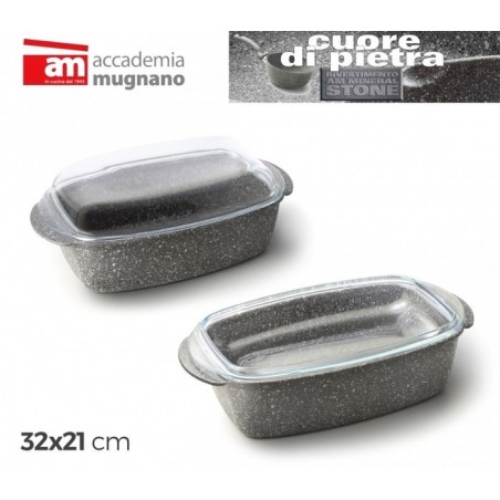 CPRST32 - Plat á four 32x21 cm - Moule antiadhésive avec couvercle effet pierre - MINERAL STONE - CUORE DI PIETRA