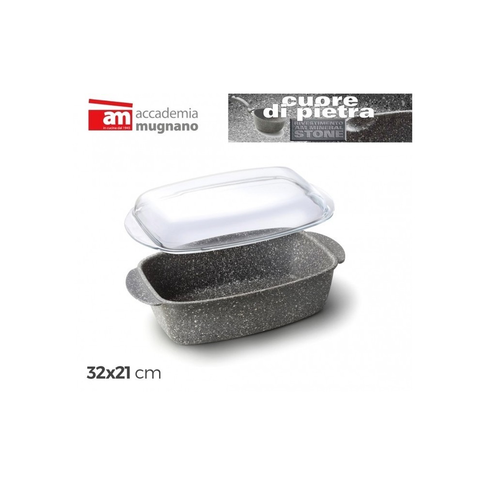 CPRST32 - Plat á four 32x21 cm - Moule antiadhésive avec couvercle effet pierre - MINERAL STONE - CUORE DI PIETRA