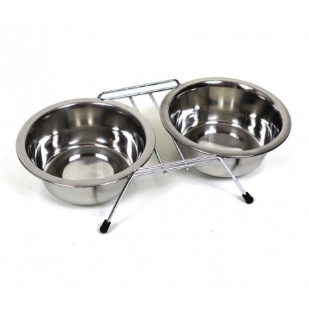 - 38938 Gamelle avec deux bols d'alimentation et un support métallique (2 x 550 ml) 