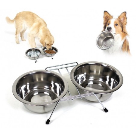 - 38938 Gamelle avec deux bols d'alimentation et un support métallique (2 x 550 ml) 