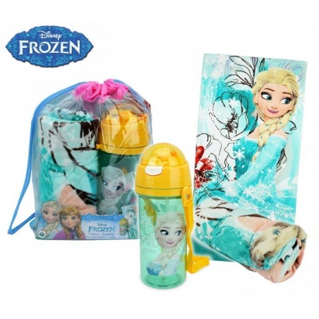 Sac de plage la Reine des Neiges comprenant une bouteille et une serviette