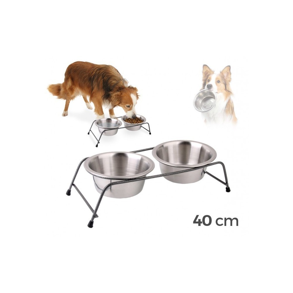 180593 DOUBLE BOL / GAMELLE EN ACIER POUR CHIENS AVEC SUPPORT SURELEVE 40 X 17 X 8,5 CM