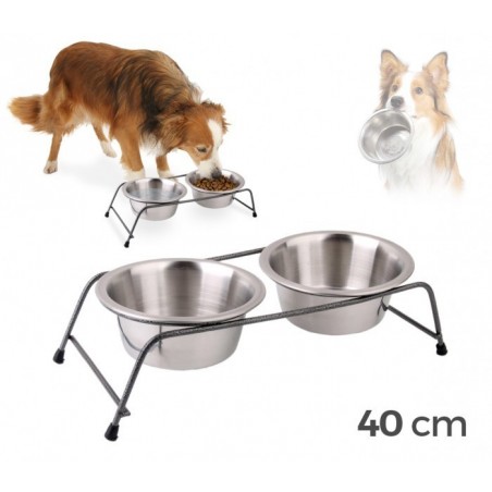 180593 DOUBLE BOL / GAMELLE EN ACIER POUR CHIENS AVEC SUPPORT SURELEVE 40 X 17 X 8,5 CM