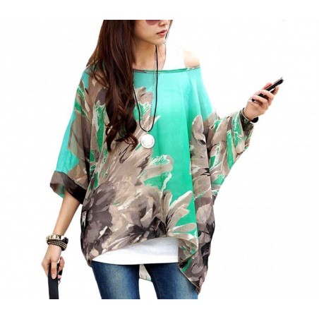 BLOUSE EN MOUSSELINE DE SOIE OVERSIZE TAILLE ASYMETRIQUE CHEMISE ELEGANTE ET DECONTRACTEE AVEC IMPRIME FLORAL VERT 001