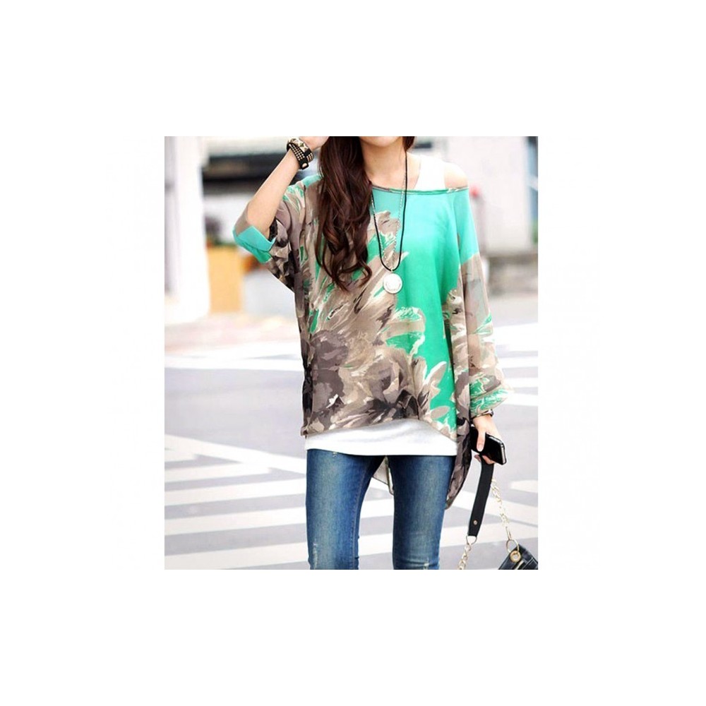 BLOUSE EN MOUSSELINE DE SOIE OVERSIZE TAILLE ASYMETRIQUE CHEMISE ELEGANTE ET DECONTRACTEE AVEC IMPRIME FLORAL VERT 001
