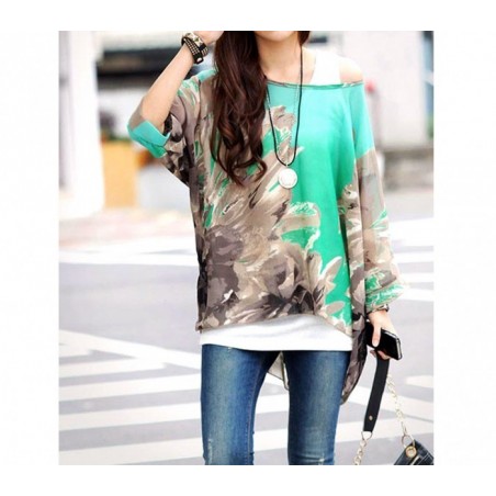 BLOUSE EN MOUSSELINE DE SOIE OVERSIZE TAILLE ASYMETRIQUE CHEMISE ELEGANTE ET DECONTRACTEE AVEC IMPRIME FLORAL VERT 001