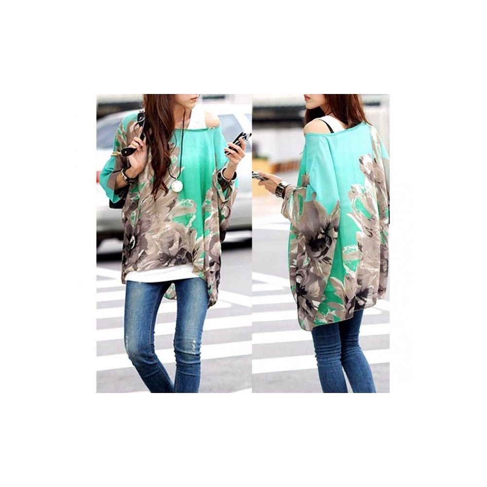 BLOUSE EN MOUSSELINE DE SOIE OVERSIZE TAILLE ASYMETRIQUE CHEMISE ELEGANTE ET DECONTRACTEE AVEC IMPRIME FLORAL VERT 001