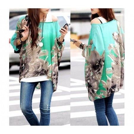 BLOUSE EN MOUSSELINE DE SOIE OVERSIZE TAILLE ASYMETRIQUE CHEMISE ELEGANTE ET DECONTRACTEE AVEC IMPRIME FLORAL VERT 001
