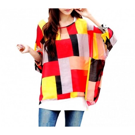 BLOUSE EN MOUSSELINE DE SOIE OVERSIZE TAILLE ASYMETRIQUE CHEMISE ELEGANTE ET DECONTRACTEE AVEC MOTIFS GEOMETRIQUES ROUGE 003