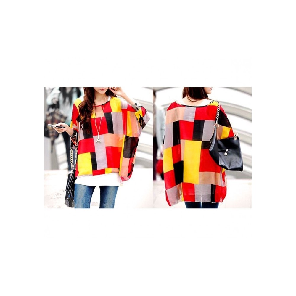 BLOUSE EN MOUSSELINE DE SOIE OVERSIZE TAILLE ASYMETRIQUE CHEMISE ELEGANTE ET DECONTRACTEE AVEC MOTIFS GEOMETRIQUES ROUGE 003