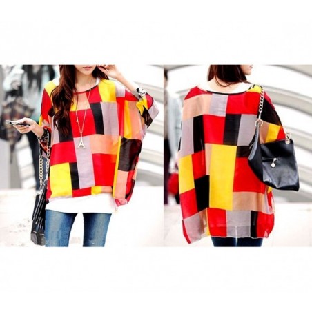 BLOUSE EN MOUSSELINE DE SOIE OVERSIZE TAILLE ASYMETRIQUE CHEMISE ELEGANTE ET DECONTRACTEE AVEC MOTIFS GEOMETRIQUES ROUGE 003
