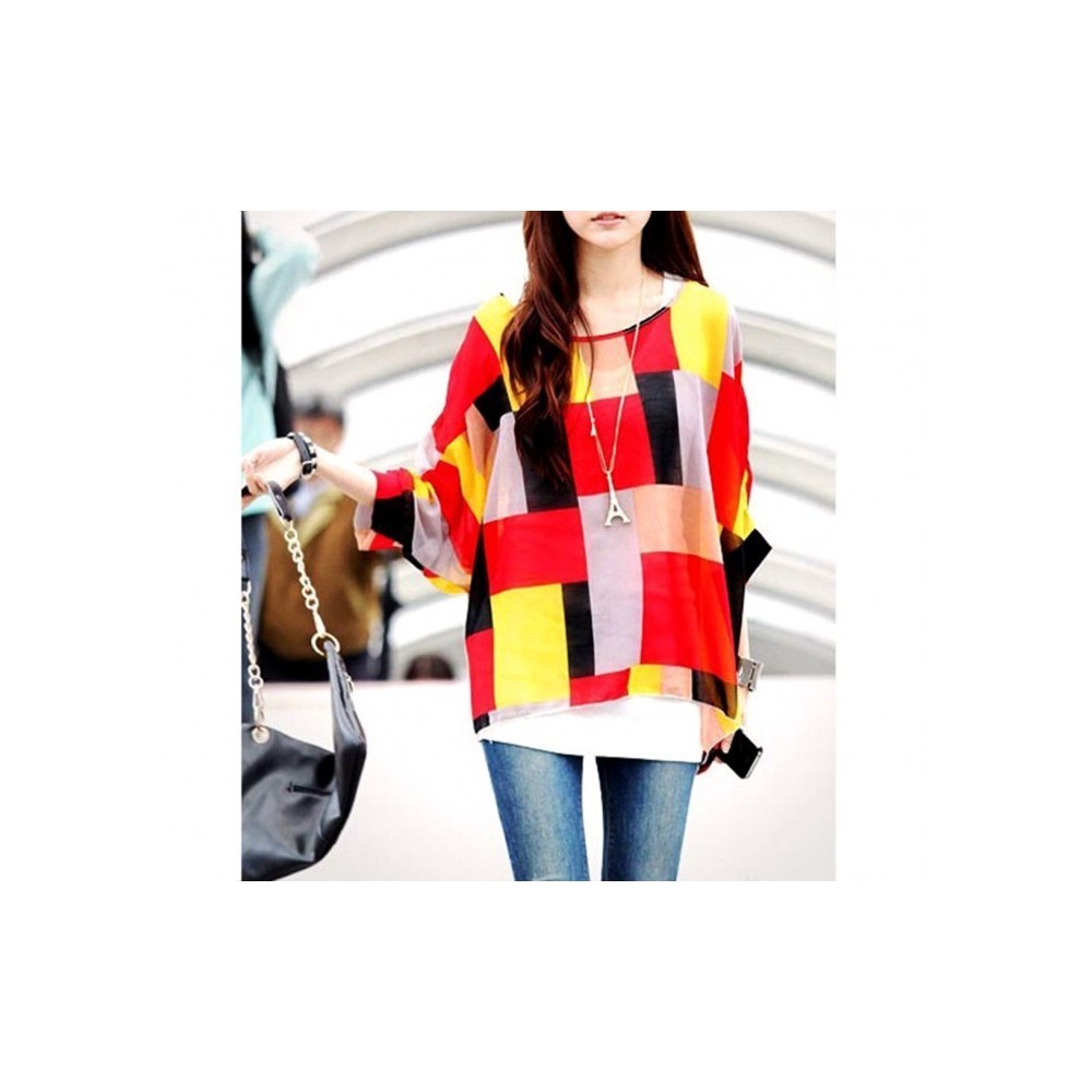 BLOUSE EN MOUSSELINE DE SOIE OVERSIZE TAILLE ASYMETRIQUE CHEMISE ELEGANTE ET DECONTRACTEE AVEC MOTIFS GEOMETRIQUES ROUGE 003