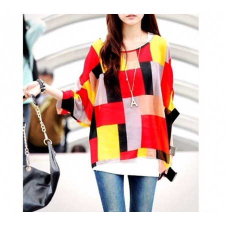 BLOUSE EN MOUSSELINE DE SOIE OVERSIZE TAILLE ASYMETRIQUE CHEMISE ELEGANTE ET DECONTRACTEE AVEC MOTIFS GEOMETRIQUES ROUGE 003