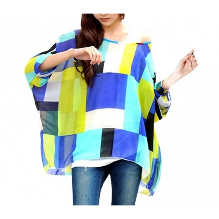 BLOUSE EN MOUSSELINE DE SOIE OVERSIZE TAILLE ASYMETRIQUE CHEMISE ELEGANTE ET DECONTRACTEE AVEC MOTIFS GEOMETRIQUES BLEUS 004