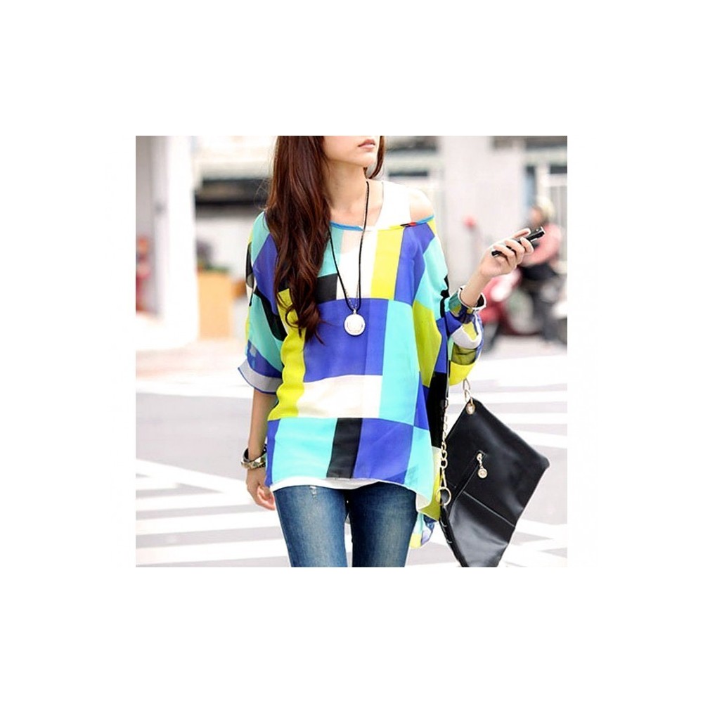 BLOUSE EN MOUSSELINE DE SOIE OVERSIZE TAILLE ASYMETRIQUE CHEMISE ELEGANTE ET DECONTRACTEE AVEC MOTIFS GEOMETRIQUES BLEUS 004