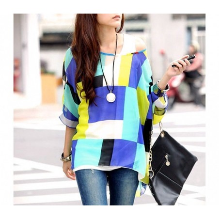 BLOUSE EN MOUSSELINE DE SOIE OVERSIZE TAILLE ASYMETRIQUE CHEMISE ELEGANTE ET DECONTRACTEE AVEC MOTIFS GEOMETRIQUES BLEUS 004