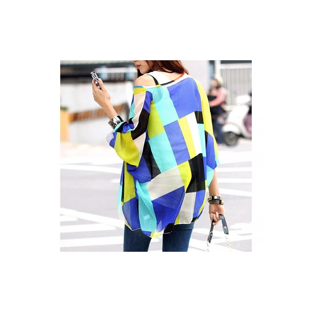 BLOUSE EN MOUSSELINE DE SOIE OVERSIZE TAILLE ASYMETRIQUE CHEMISE ELEGANTE ET DECONTRACTEE AVEC MOTIFS GEOMETRIQUES BLEUS 004