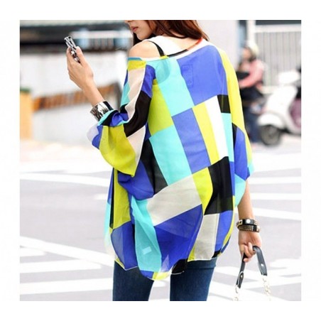 BLOUSE EN MOUSSELINE DE SOIE OVERSIZE TAILLE ASYMETRIQUE CHEMISE ELEGANTE ET DECONTRACTEE AVEC MOTIFS GEOMETRIQUES BLEUS 004