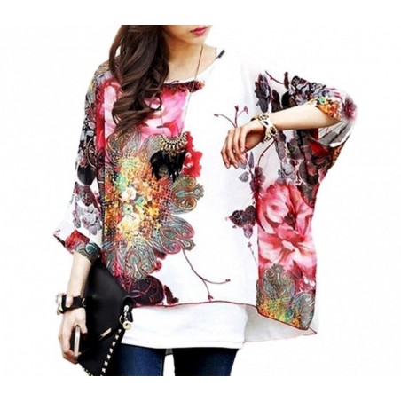 BLOUSE EN MOUSSELINE DE SOIE OVERSIZE TAILLE ASYMETRIQUE CHEMISE ELEGANTE ET DECONTRACTEE AVEC IMPRIME FLORAL BLANC 005