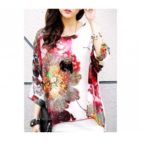 BLOUSE EN MOUSSELINE DE SOIE OVERSIZE TAILLE ASYMETRIQUE CHEMISE ELEGANTE ET DECONTRACTEE AVEC IMPRIME FLORAL BLANC 005