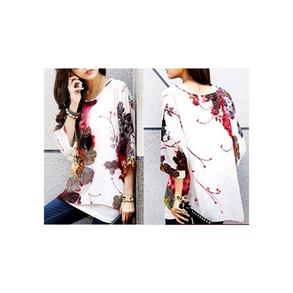 BLOUSE EN MOUSSELINE DE SOIE OVERSIZE TAILLE ASYMETRIQUE CHEMISE ELEGANTE ET DECONTRACTEE AVEC IMPRIME FLORAL BLANC 005