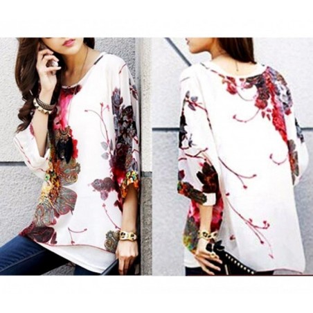 BLOUSE EN MOUSSELINE DE SOIE OVERSIZE TAILLE ASYMETRIQUE CHEMISE ELEGANTE ET DECONTRACTEE AVEC IMPRIME FLORAL BLANC 005